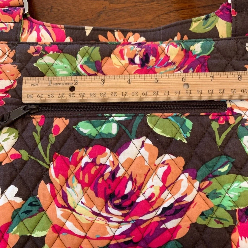 Vera Bradley Quilted Floral Crossbody Messenger Bag Brown Pink Green Pockets